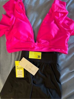 NWT-Medium Pink Plunging Padded Ruffle Deep V Top & Black Skirted brief Swim set